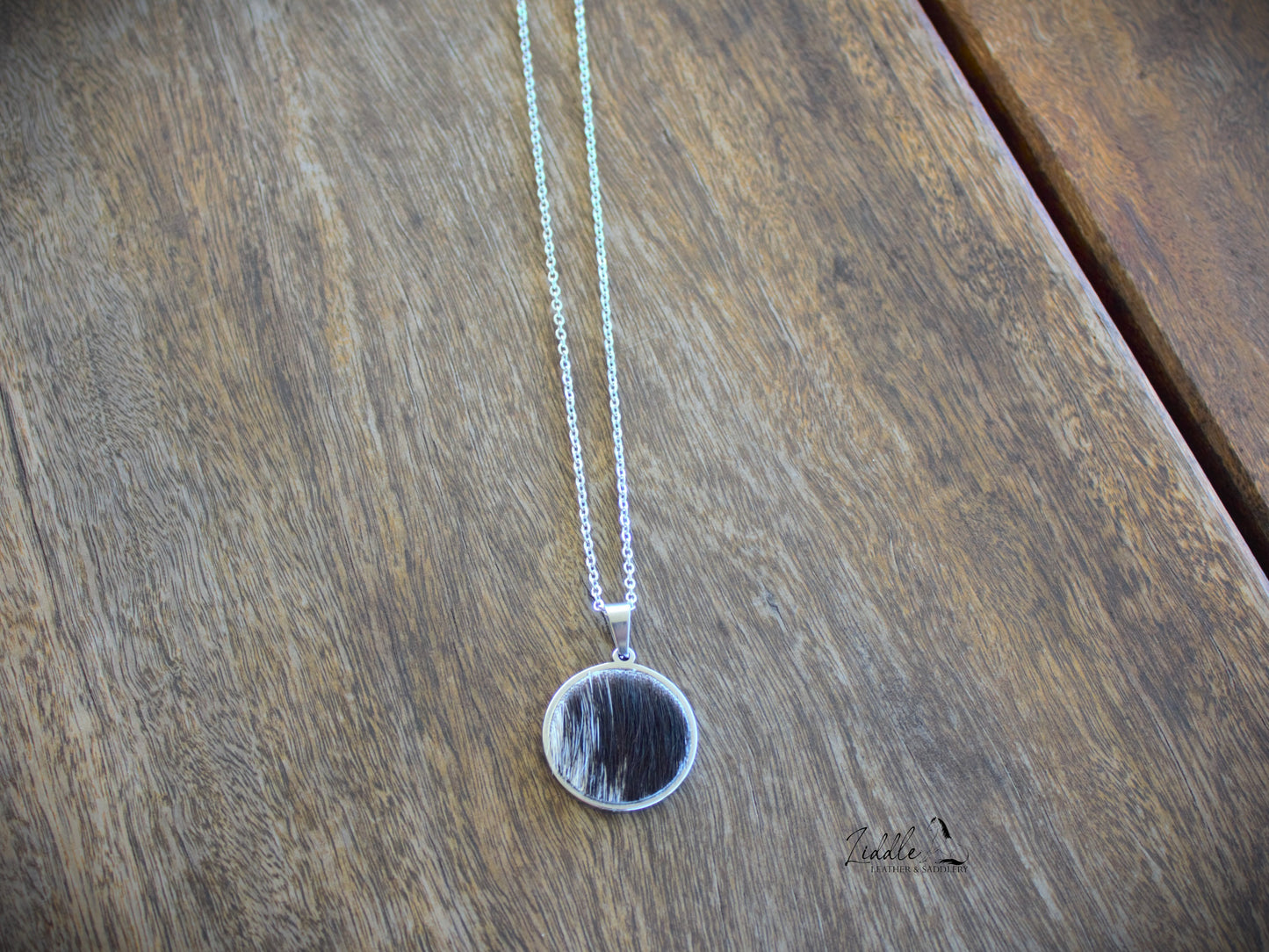 Cowhide Pendant Necklace Black and White Fleck