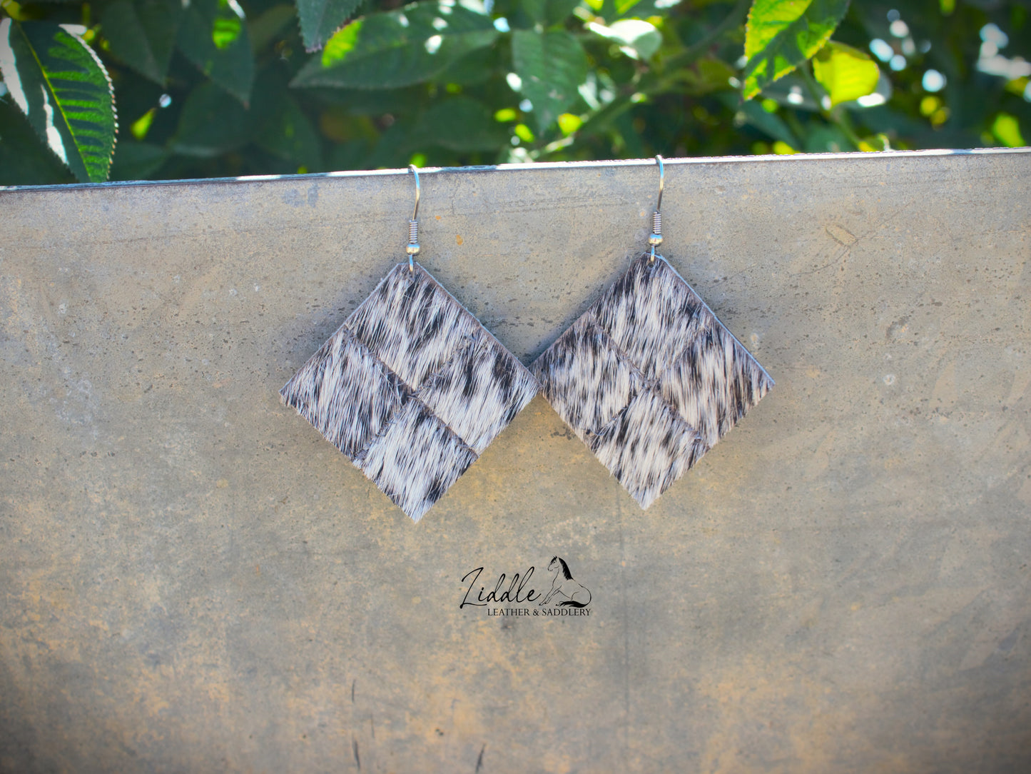 Cowhide Square Diamond Patch Earring Black & White