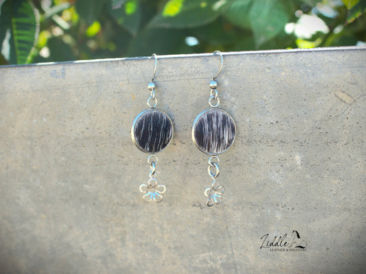 Cowhide Flower Dangle Earring Black and White Fleck