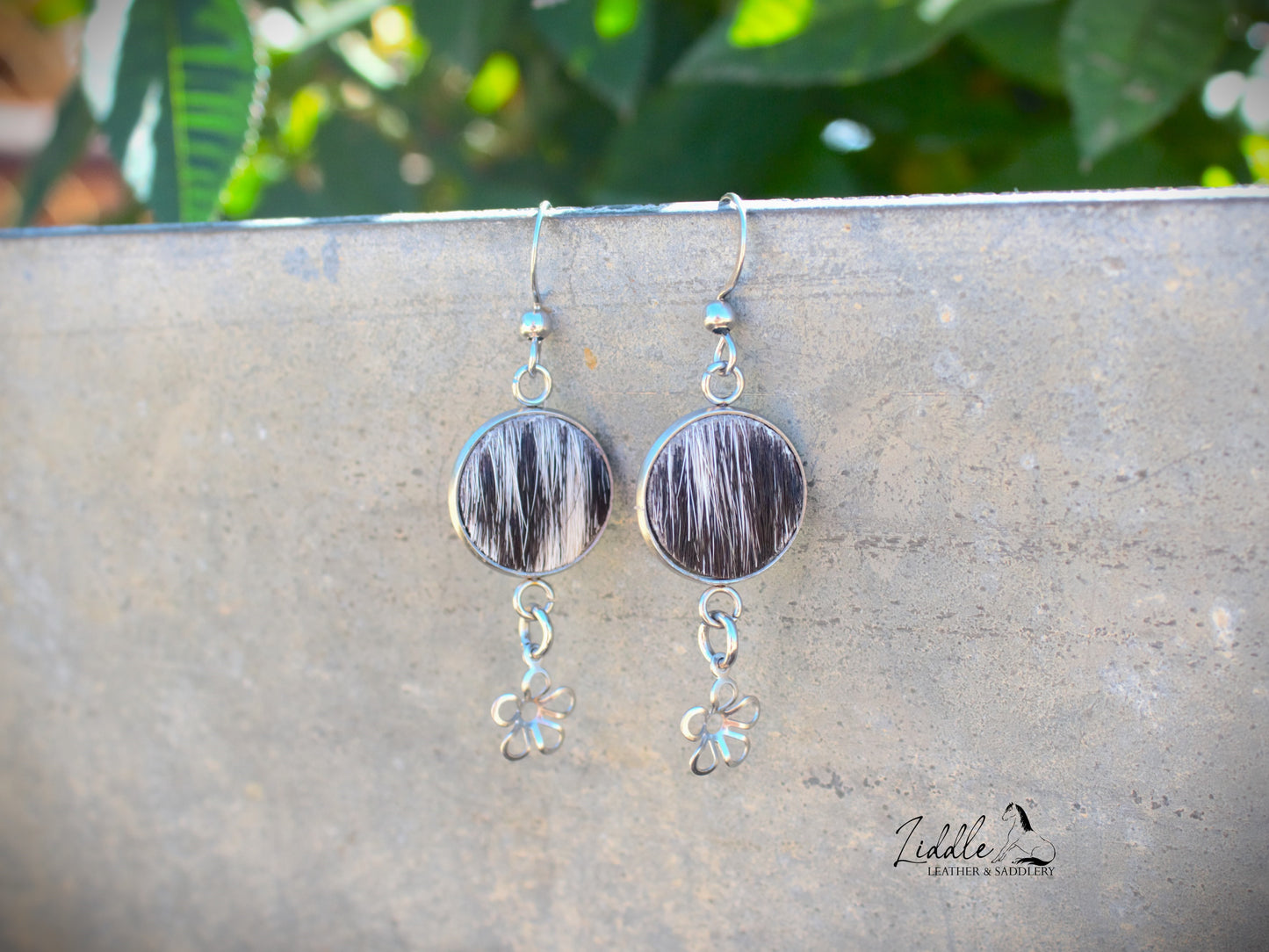 Cowhide Flower Dangle Earring Black and White Fleck