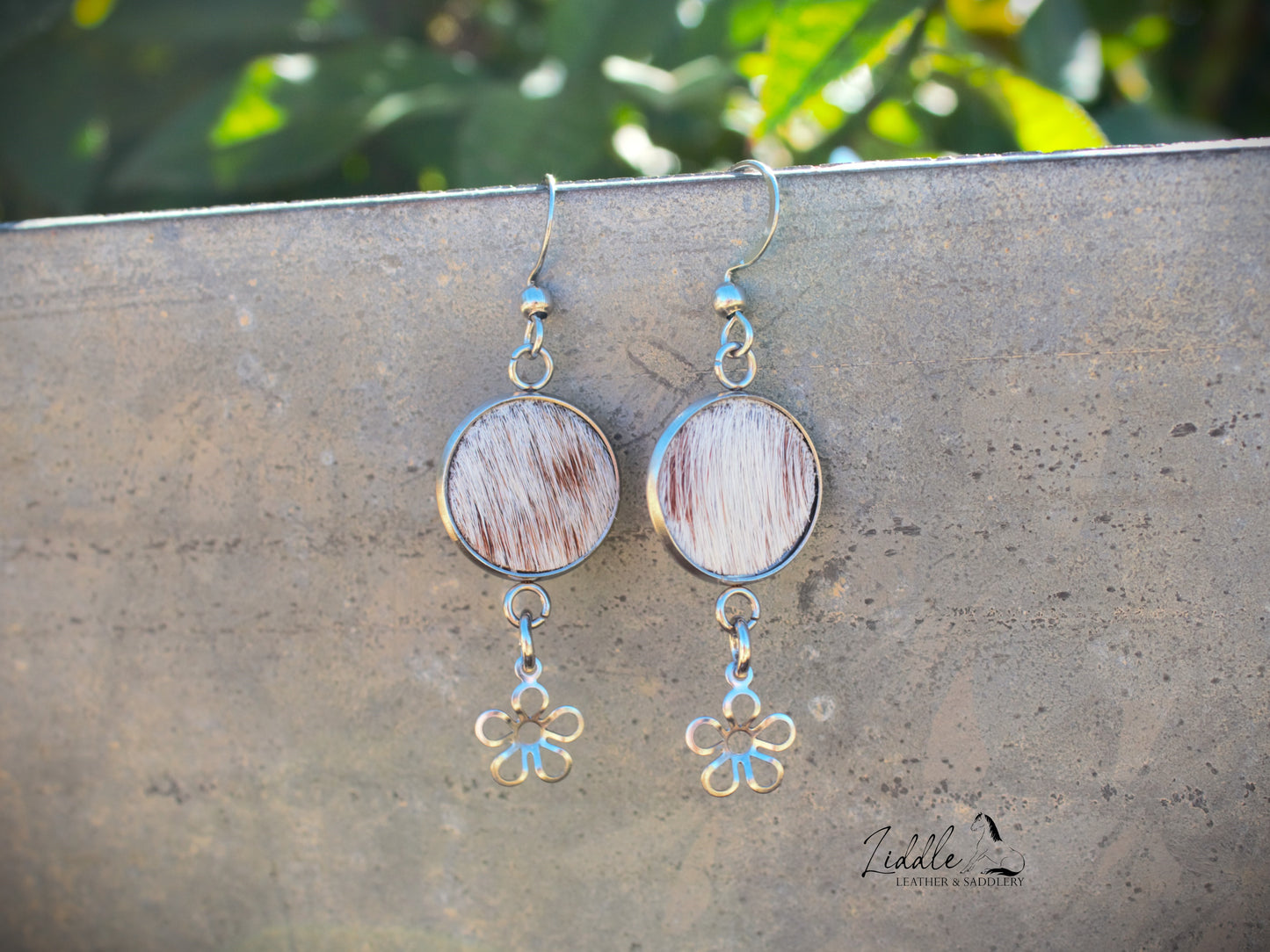 Cowhide Flower Dangle Earring Tan and White