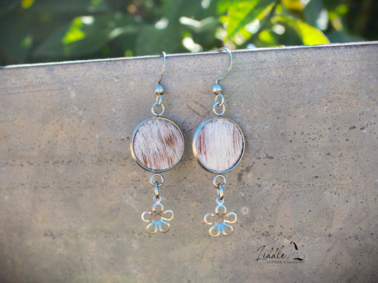Cowhide Flower Dangle Earring Tan and White
