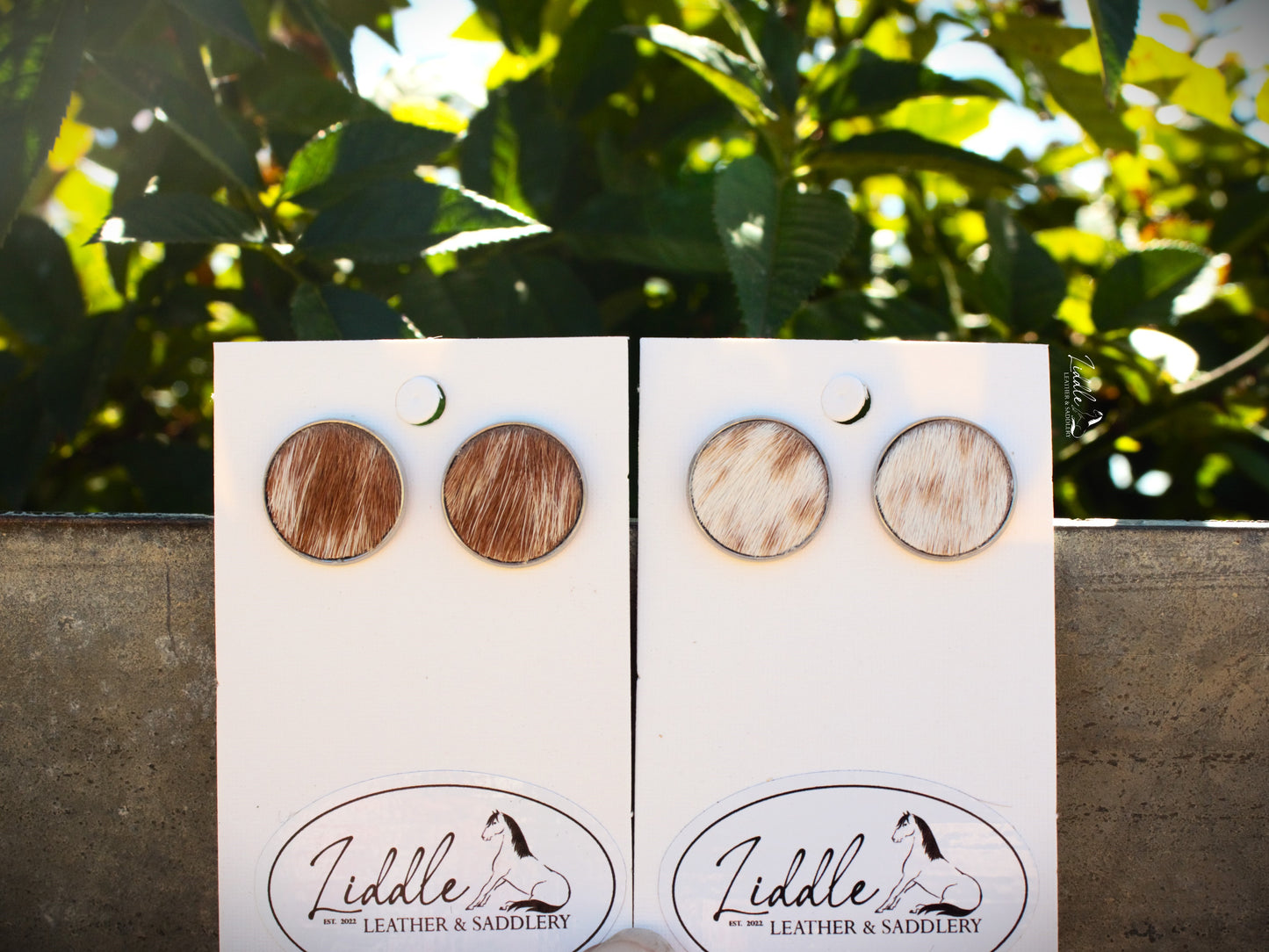 Cowhide Stud Earring Tan and White