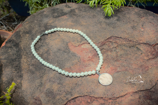 Cowhide Pearl Necklace Tan and White