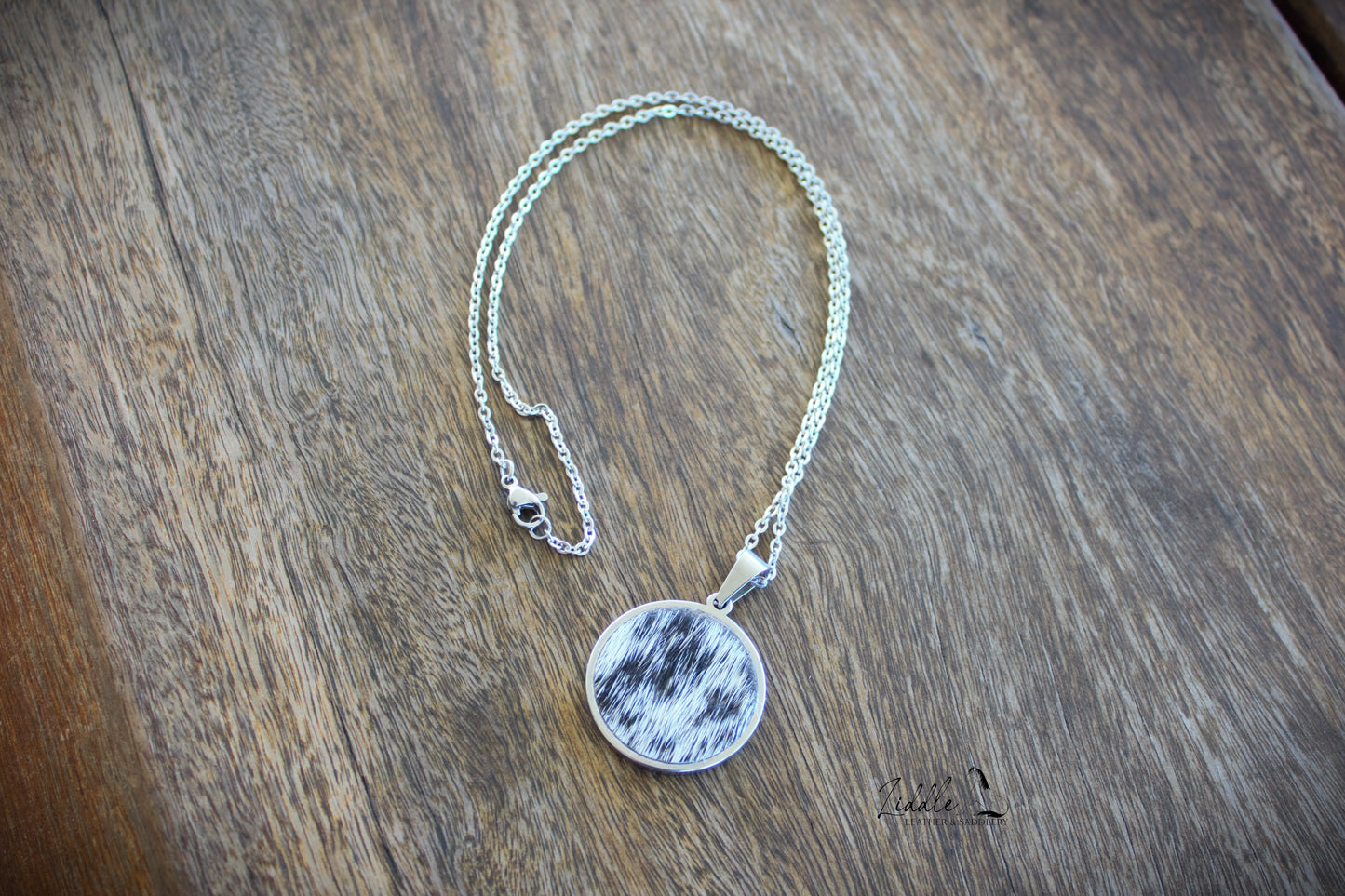 Cowhide Pendant Necklace Black and White Fleck