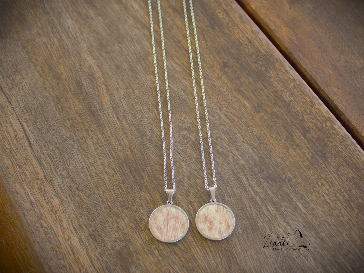 Cowhide Pendant Necklace Tan and White