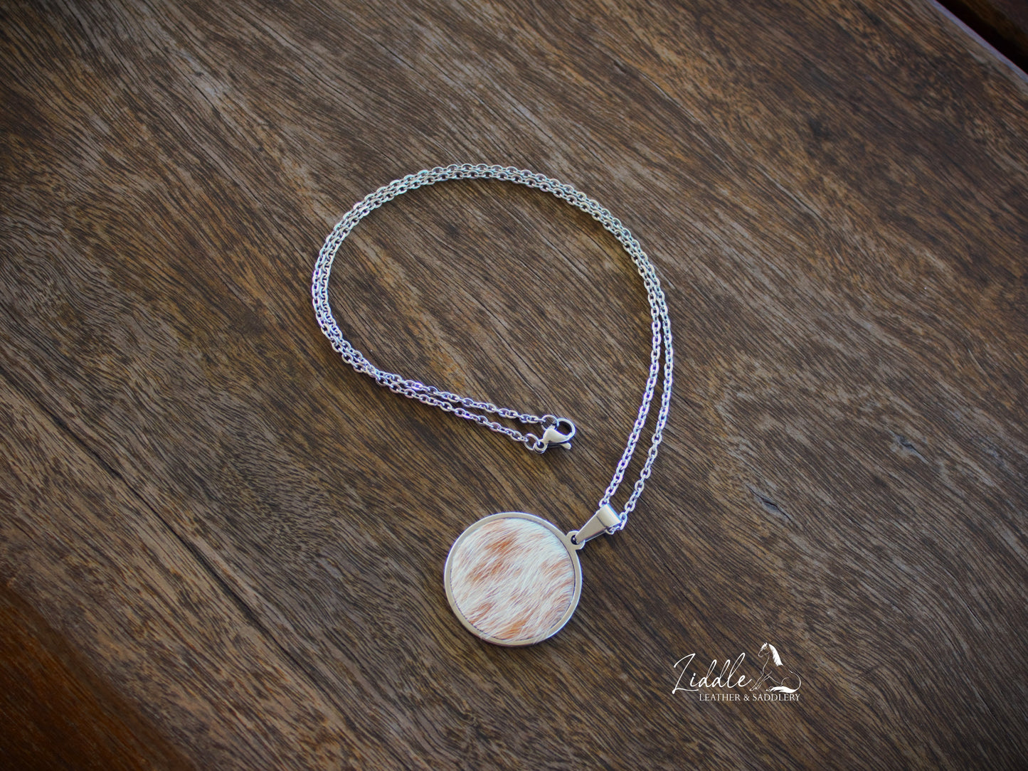 Cowhide Pendant Necklace Tan and White