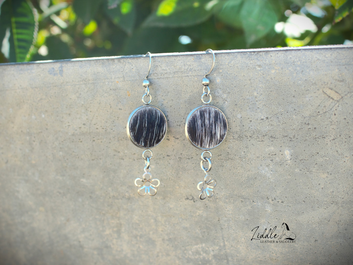 Cowhide Flower Dangle Earring Black and White Fleck