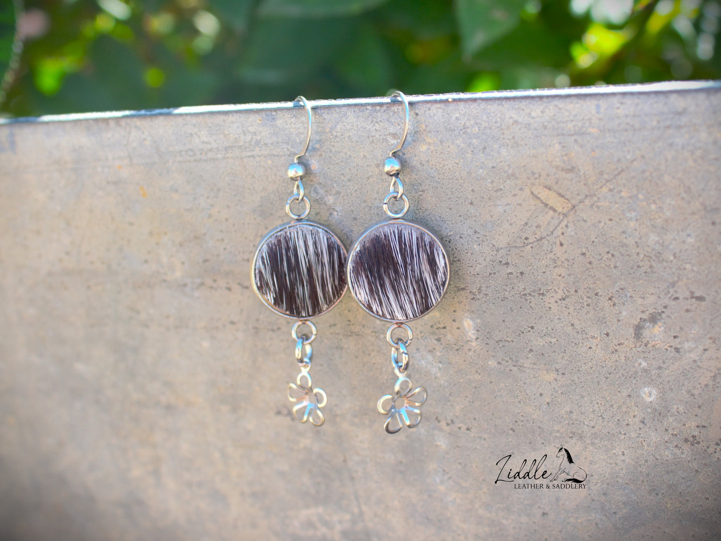 Cowhide Flower Dangle Earring Black and White Fleck