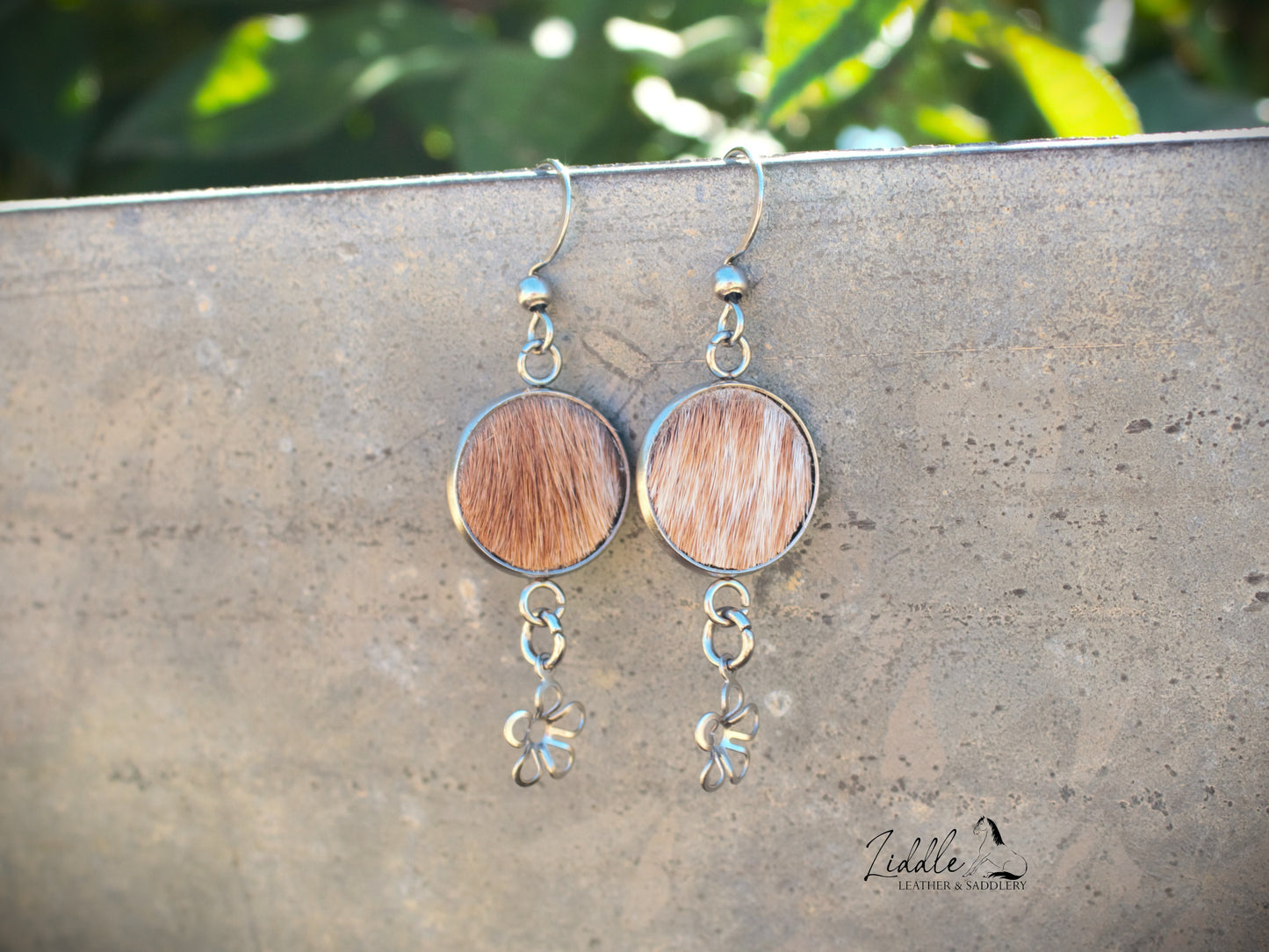 Cowhide Flower Dangle Earring Tan and White