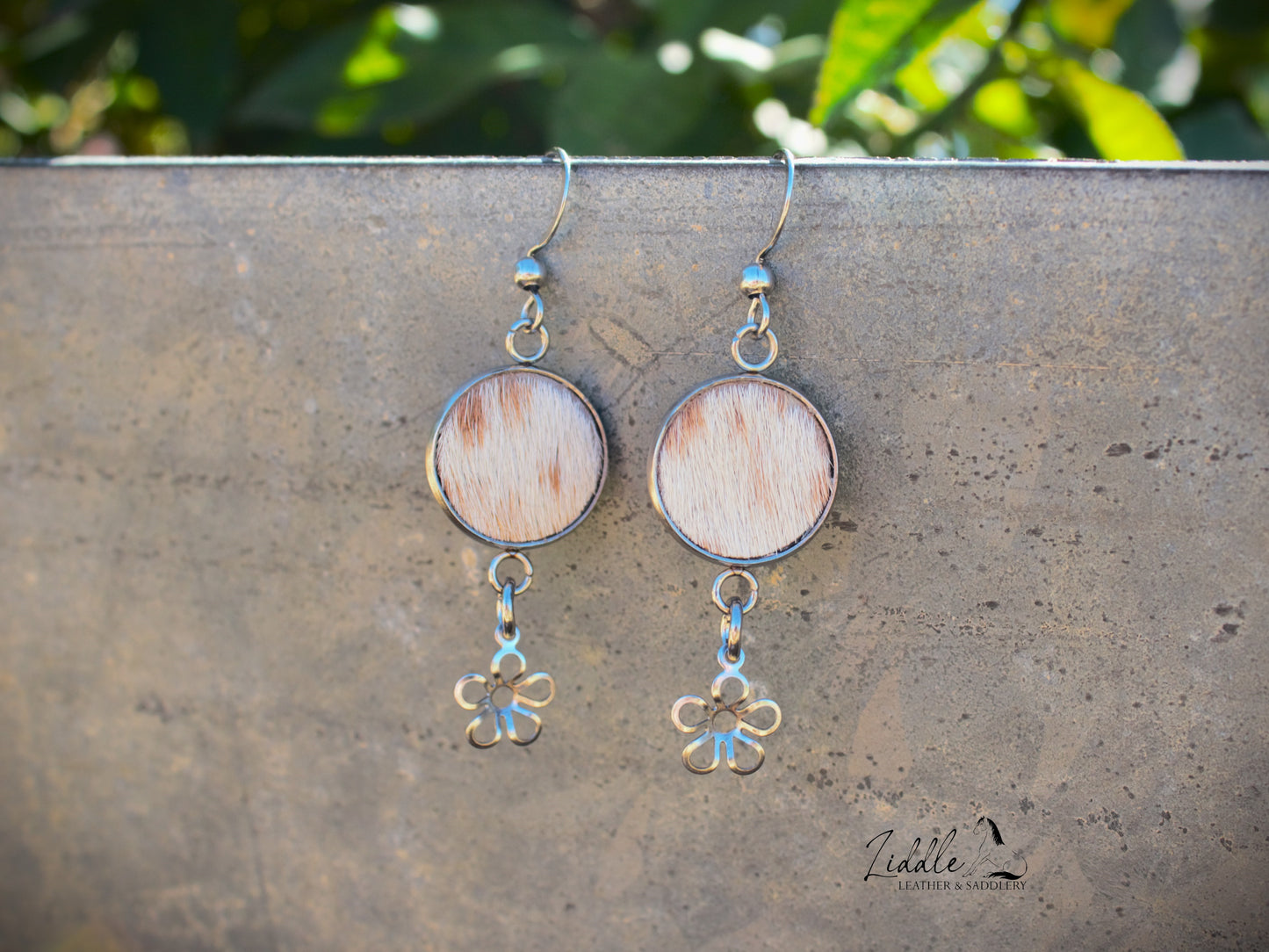 Cowhide Flower Dangle Earring Tan and White