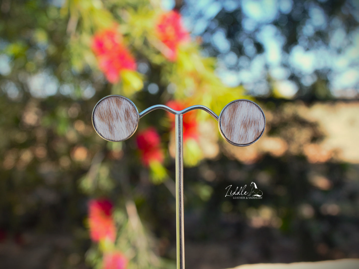 Cowhide Stud Earring Tan and White