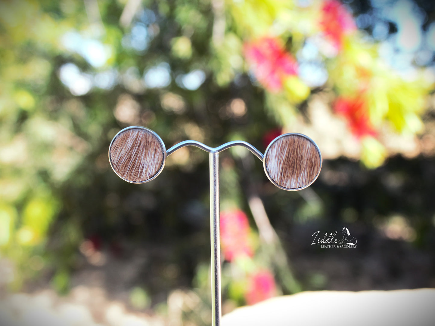 Cowhide Stud Earring Tan and White