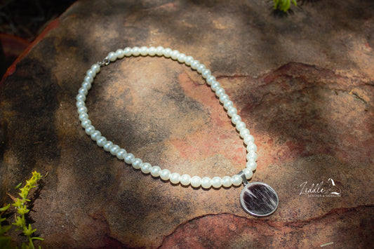 Cowhide Pearl Necklace Black and White Fleck