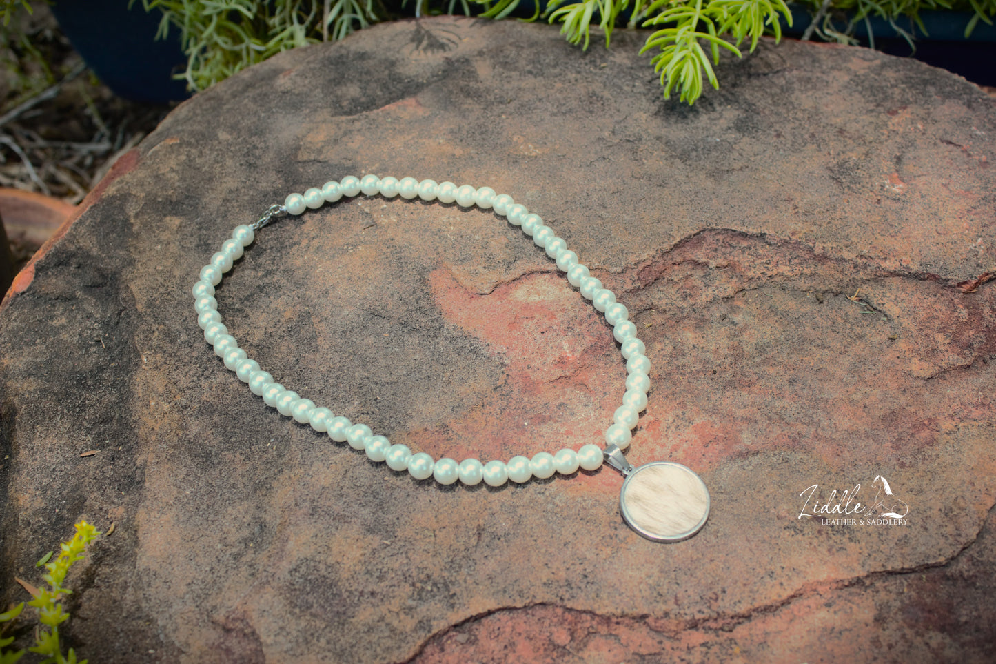 Cowhide Pearl Necklace Tan and White